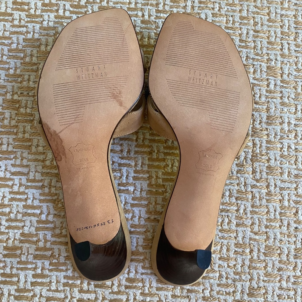 Stuart Weitzman Tan & Blue Slip on Beaded Heel Sandals 7.5 - Picture 4 of 7